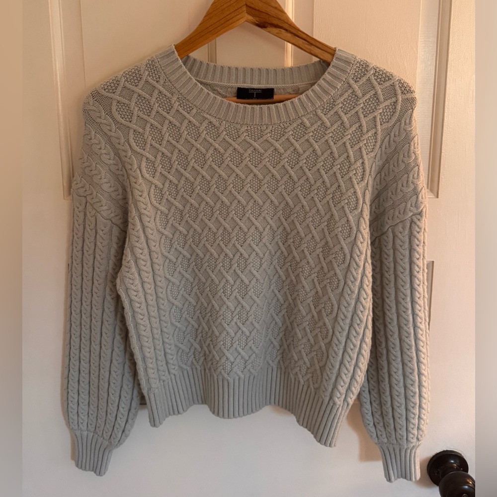Tahari Light Blue/Grey Cable Knit Crew Neck Sweater